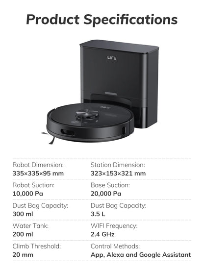 ILIFE T20s Ultra Robot Vacuum Cleaner with Self-Emptying Station, 10000Pa Suction, 4600mAh Battery, 300 Min Max Runtime