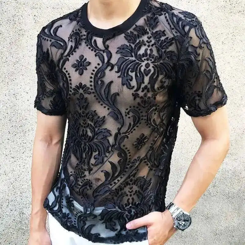 Sexy Round Neck T Shirt Soft Velvet Slim Men Clothing Nightclub Short-sleeved Top Quality Transparent Floral T Shirt See Through