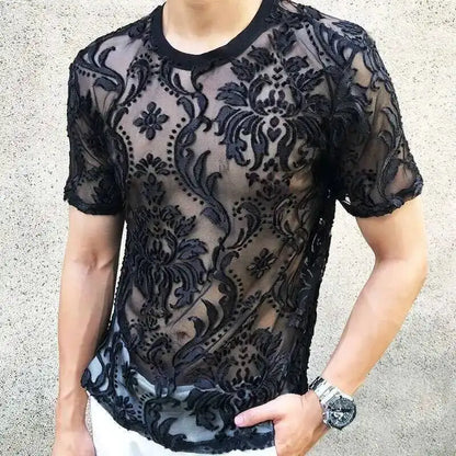 Sexy Round Neck T Shirt Soft Velvet Slim Men Clothing Nightclub Short-sleeved Top Quality Transparent Floral T Shirt See Through