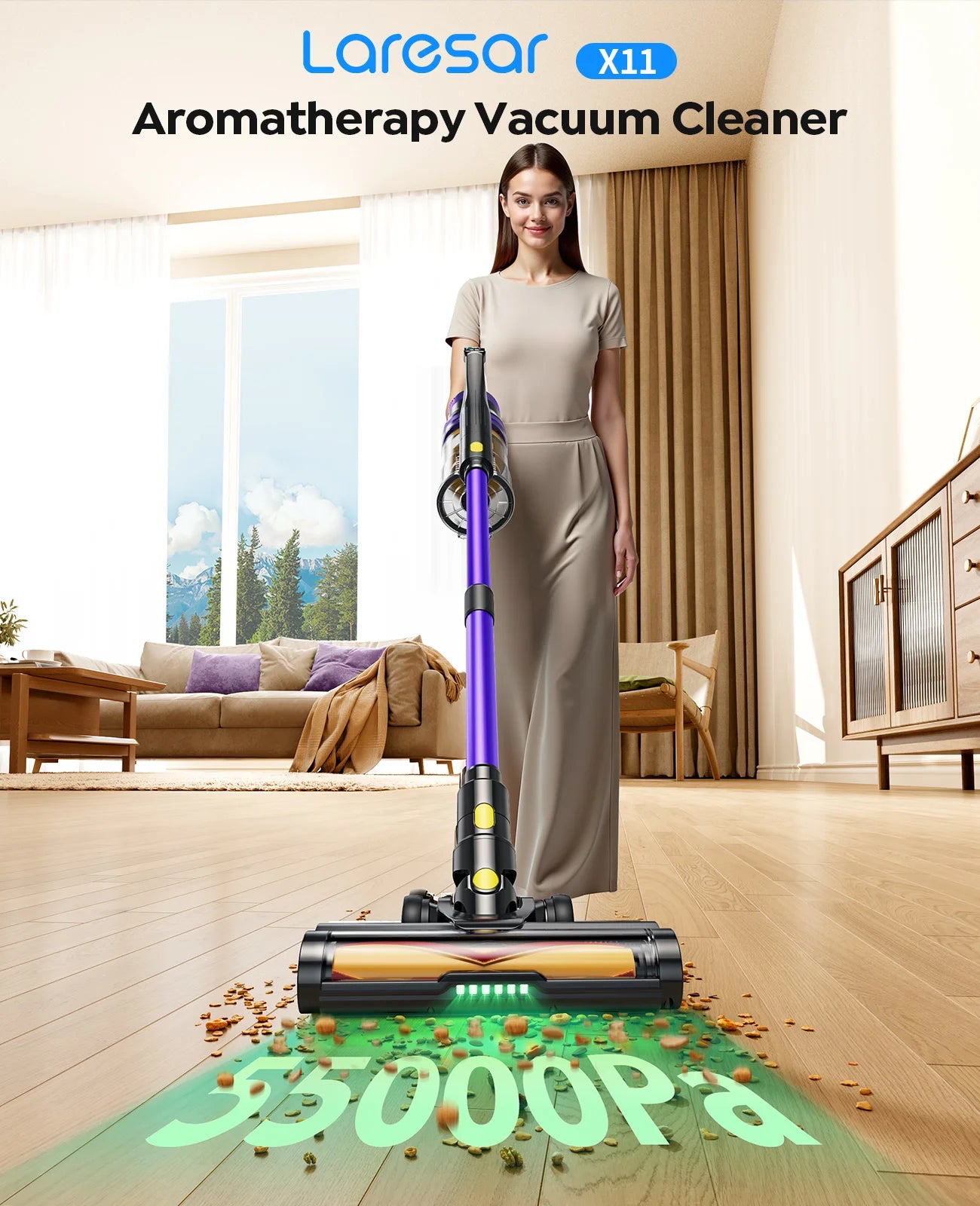 Laresar X11 Cordless Vacuum Cleaner 550W 55KPA Suction Power  Handheld Smart Home Dust Cup 60 Mins Runtime 3 Pcs Hepa Filte Set