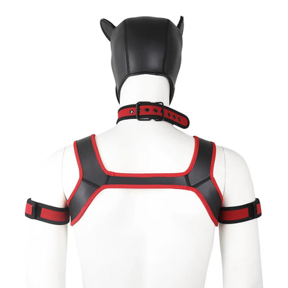 Large Size Puppy Cosplay Neoprene Fetish Hood Mask Kit with Chest Strap Collar Armband Sex Costumes for Bdsm Slave Role Play