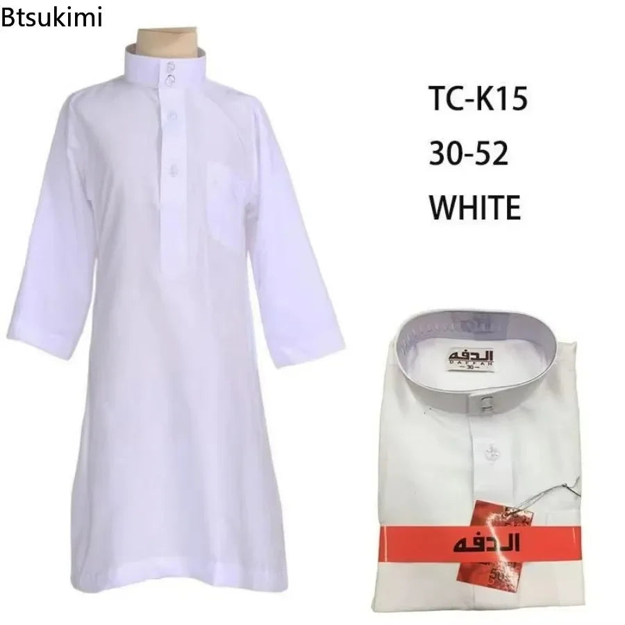 New Islamic Kaftan Children Jubba Thobe Muslim Boys Abaya Kids Burqas White Arab Stand Collar Long Sleeved Robe Muslim Fashion
