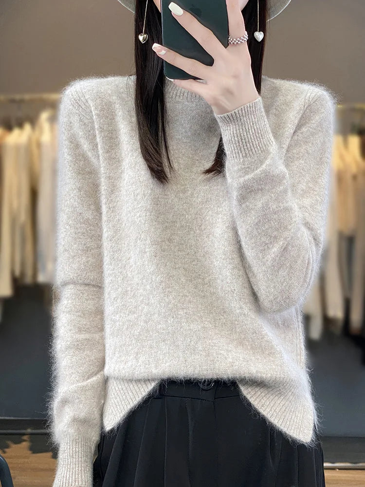 100% Mink Cashmere Sweater Women's Half High Collar Pullover Long Sleeve Cashmere Knitwear Fashion Autumn Winter Female Clothing
