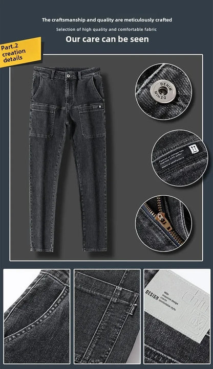 Spring Summer Thin Six Pocket Men's Jeans Elastic Straight Leg Casual Slim Fit Jeans Versatile Multi-Pocket Long Y2K Denim Pants