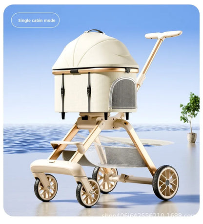 Twin Pet Cart Double Cabin Walking Pet Artifact Cat and Dog Outdoor Small and Medium Lightweight Foldable Double Layer Cart