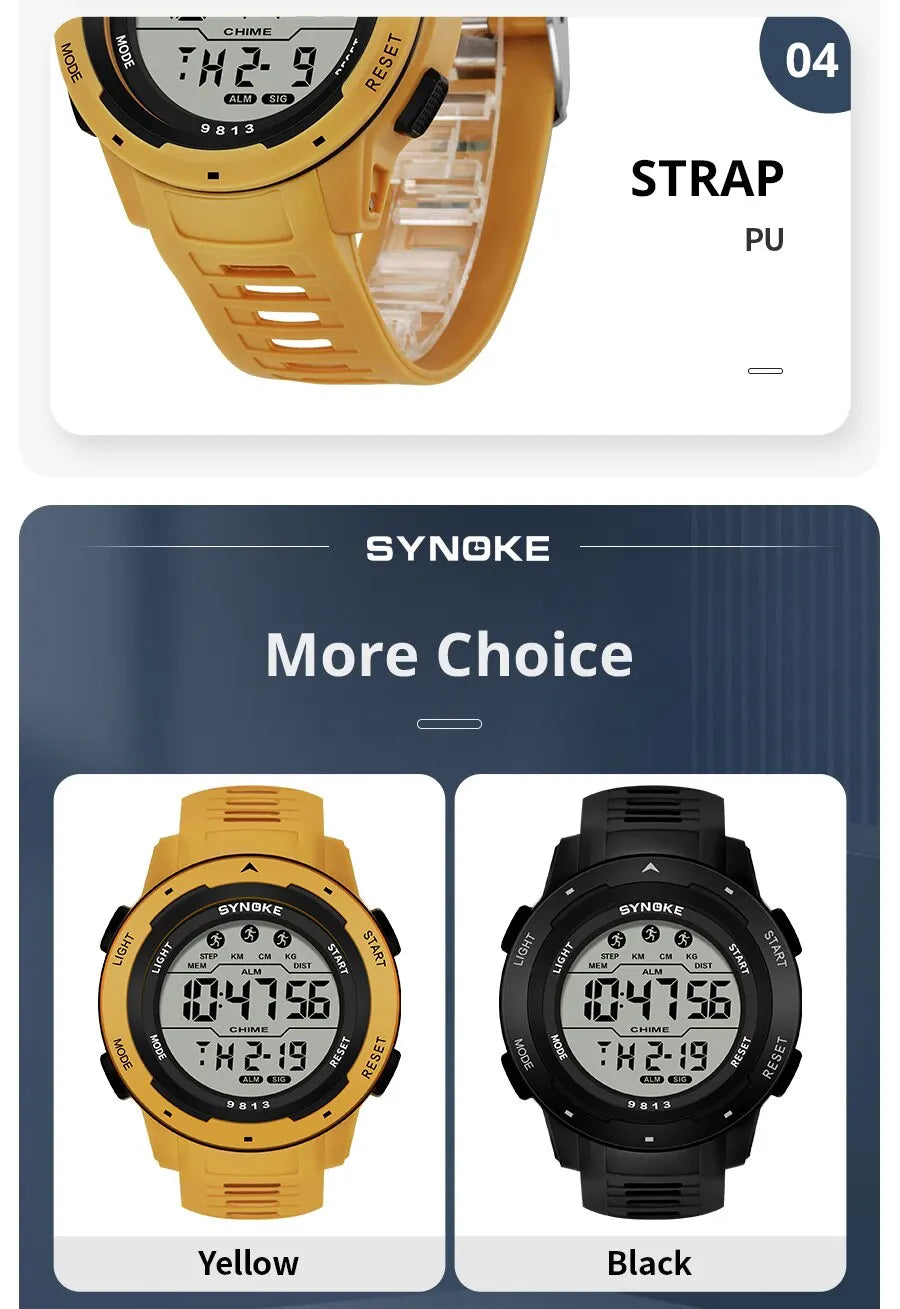 SYNOKE Men Digital Watch Sports Watches Timing Function Alarm Clock Waterproof 50M Digital Watch Military Clock Large Screen