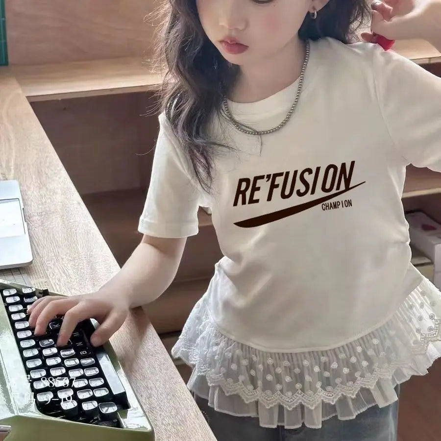 Childrens clothing baby girls summer casual lace t-shirt 2025 short sleeved Lace splicing new white tops 3-12 kids clothes