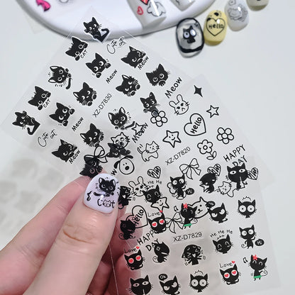 30pcs/set 3D Cartoon Cat Nail Art Stickers Black Graffiti Animal Bow Star Heart Nail Decals Kawaii Self-adhesive Manicure Slider