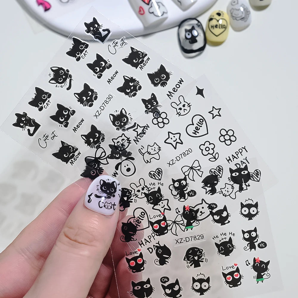 30pcs/set 3D Cartoon Cat Nail Art Stickers Black Graffiti Animal Bow Star Heart Nail Decals Kawaii Self-adhesive Manicure Slider