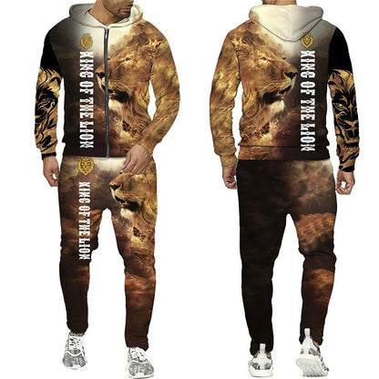 Spring and Autumn Men's Tracksuit 3D The Lion Print Zipper Hoodies Sweatshirts Pants Sets Casual Mens Clothing Women's Tracksuit