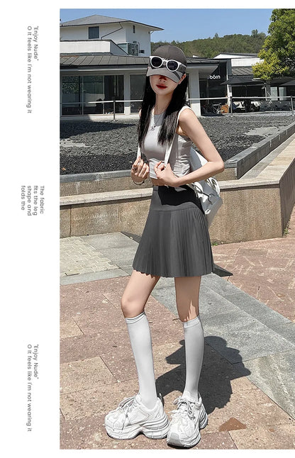 Korean Style Women Pleated A-line Skirts With Pants Mini Skirts Elastic Waist Casual High quality Summer A-line Skirts