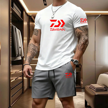 2026 Summer Men's Short Sleeved T-shirt Drawstring Shorts Set Breathable Outdoor Sports Set Men's Daily Fishing Suit