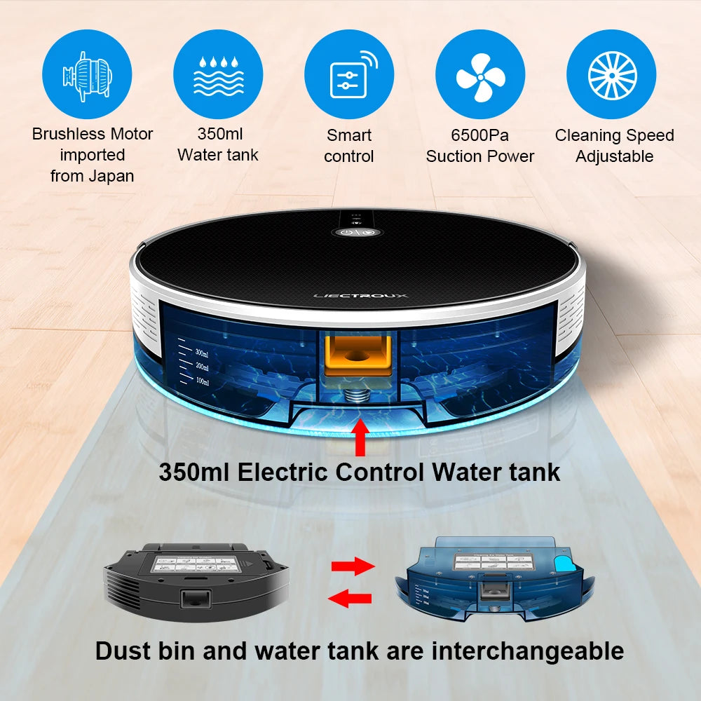 LIECTROUX/LILIN C30B Robot Vacuum Cleaner 6000Pa Suction, Map navigation with Memory,Wifi APP,Electric Water Tank,Wet Mop
