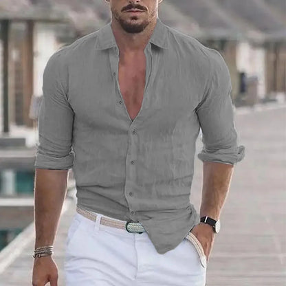 New Men's Shirt Cotton linen Fashion Casual Polo Neck Beach Shirt Long Sleeve Solid Hawaiian Holiday Shirts