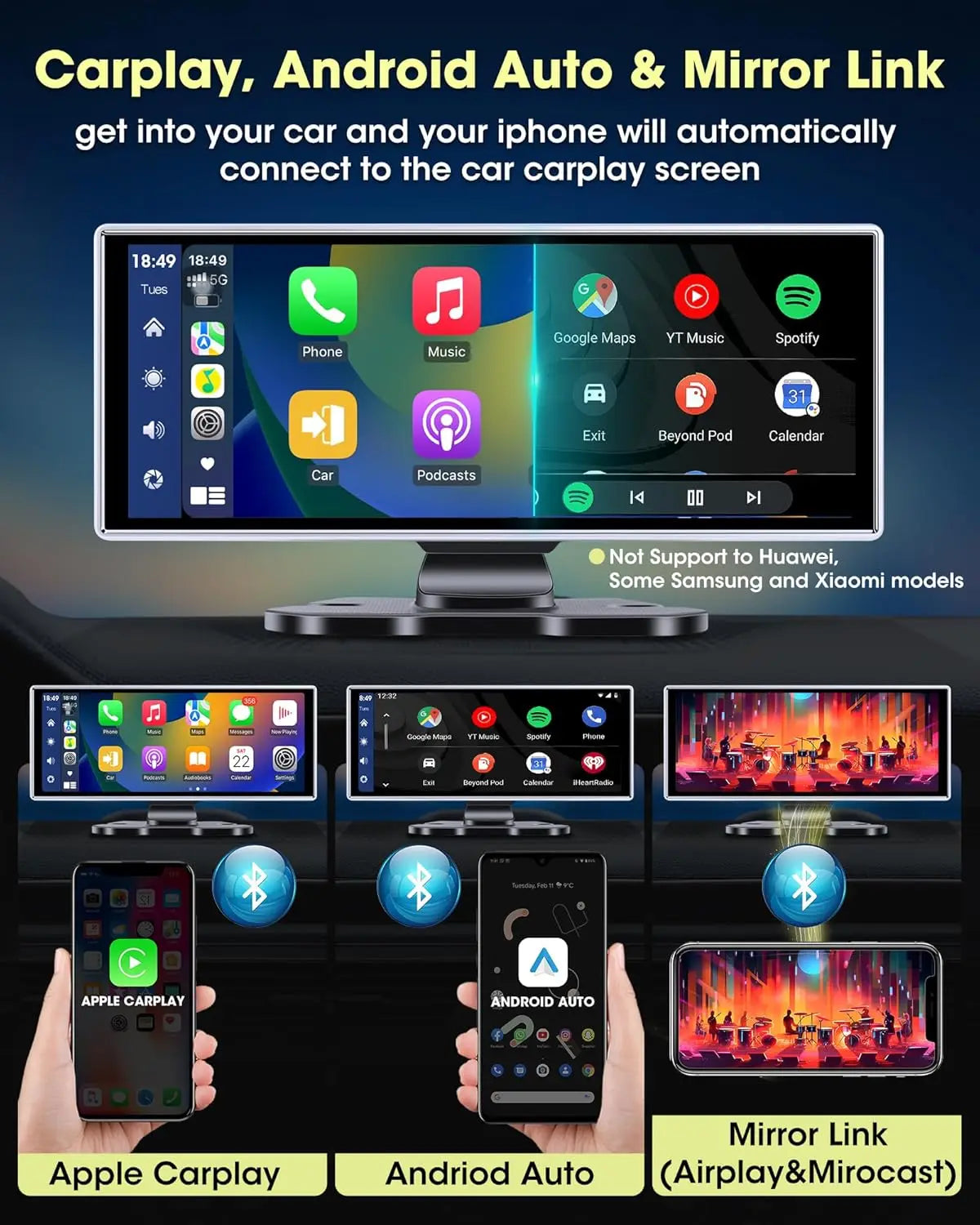 Srnubi 11.26 Inch 4K Dash Cam Wireless CarPlay & Android Auto Portable Car DVR Intelligent Systems Video Recorder GPS Navigation