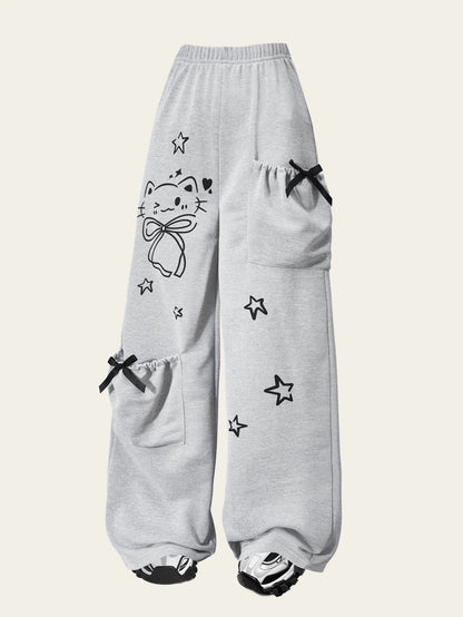 Girls' fashion casual trousers, girls' spring, summer, autumn and winter loose straight-leg pants with a kitten pocket design