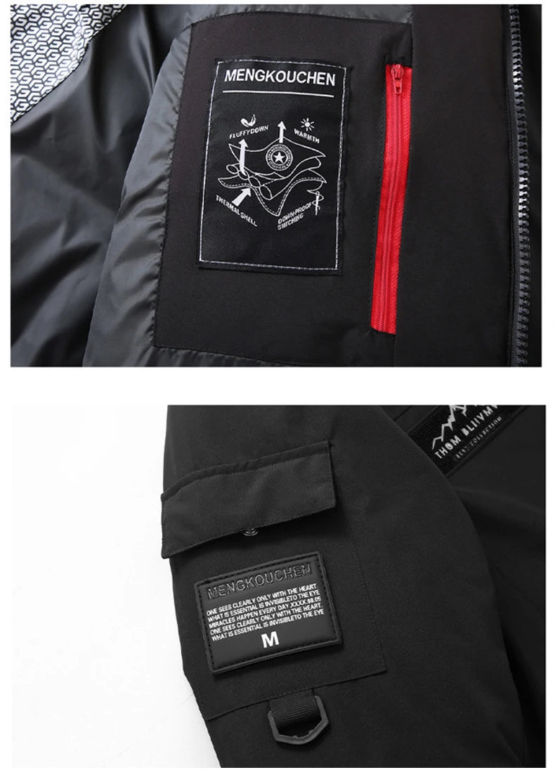 -30 Degree Down Parkas Men Windproof Hooded Thicken Multi-pocket Down Coat Casual Fashion Thick Warm Embroidered Design Parka