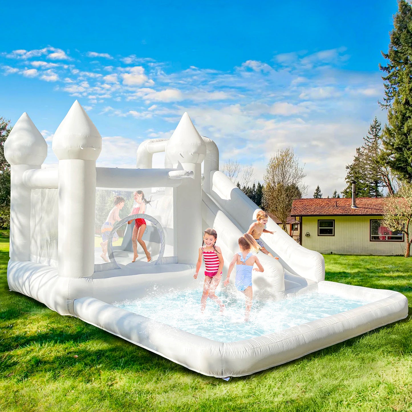 Commercial Grade White Inflatable Bounce House with Slide and Splash Pool, PVC Wet Dry Bouncy Castle for Wedding Party Rental
