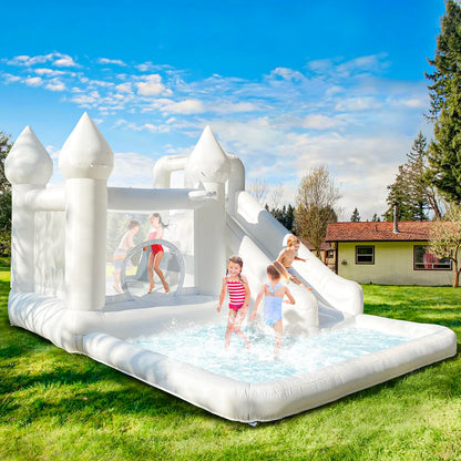 Commercial Grade White Inflatable Bounce House with Slide and Splash Pool, PVC Wet Dry Bouncy Castle for Wedding Party Rental