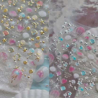 Shell Light Starfish Shell Nail Stickers Cute Starfish Decorative Stickers For Nails DIY 3D Self Adhesive Summer Manicure Decals