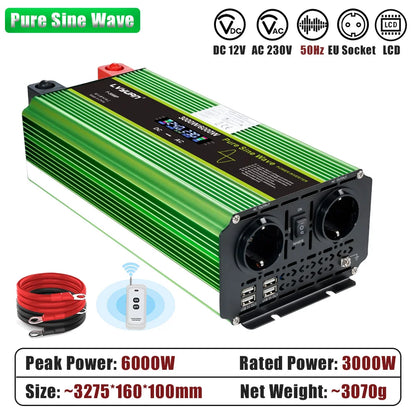 LVYUAN Pure Sine Wave Power Inverter 2000W 3000W 4000W DC 12V 24V to AC 230V LCD Remote Control 2 EU Sockets USB Home RV Solar