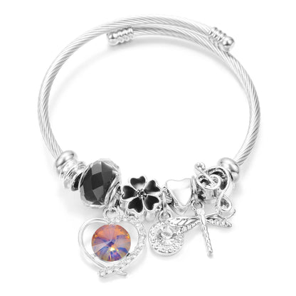 New Trendy Rhinestones Dragonfly Crystal Beaded Pendant Bracelet Stainless Steel 4 Colors Closure Bangles Women Bracelet Jewelry