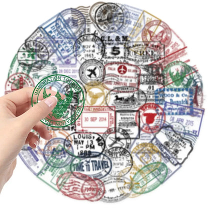 60PCS Vintage Passport Stamps Transparent Stickers Travel Decals For Phone Notebook Luggage Skateboard Guitar DIY Sticker Toy