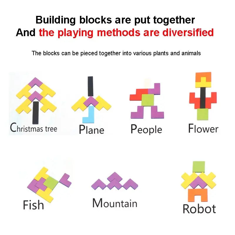 Wooden Blocks Puzzle Brain Teasers Toy Tangram Jigsaw Intelligence Colorful 3D Russian Blocks Montessori Educational
