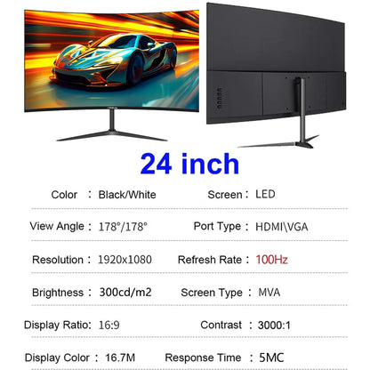 24 Inch Curved 100Hz Monitor Gaming MVA FHD 1080P Computer Display 3000R HDMI/VGA DCR Eye Protect VESA 100*100 2ms Response