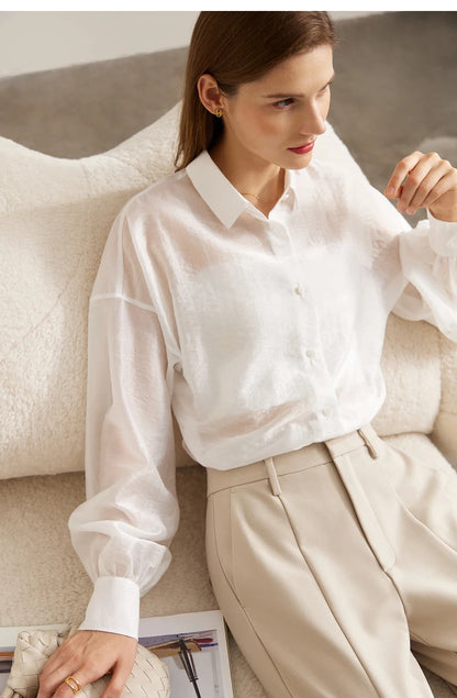 AMII Minimalist Blouse for Women 2023 Autumn Lantern Sleeve V-Neck Slightly Transparent Elegant Commuter Clothing Tops 72341030