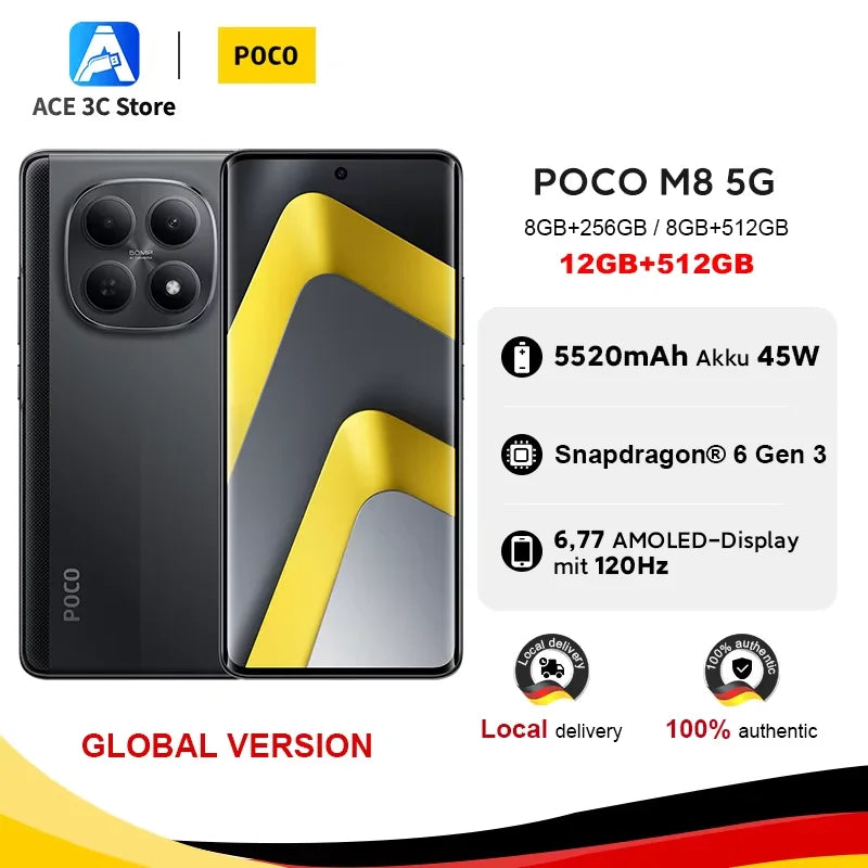 Global Version POCO M8 5G 512GB  256GB Snapdragon 6 Gen 3 Smartphone 6.77" Amoled Display 50Mp Camera 5520Mah Battery 45W Xiaomi Cellphone