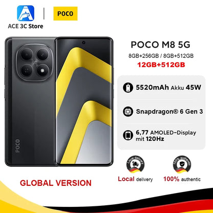 Global Version POCO M8 5G 512GB  256GB Snapdragon 6 Gen 3 Smartphone 6.77" Amoled Display 50Mp Camera 5520Mah Battery 45W Xiaomi Cellphone