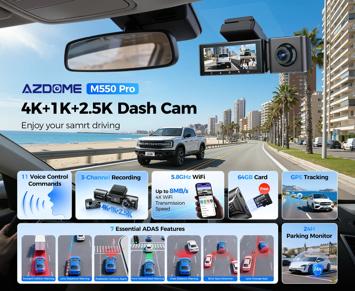 AZDOME M550 Pro 5.8Ghz WiFi 2/3 Channel Dash Cam 4K+2.5K Built-in GPS 3.19" IPS Screen Car DVR IR Night Vision 24H Parking Mode