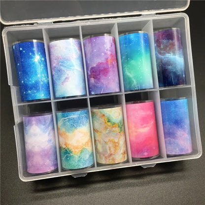 10 Patterns New Metal Nail Foils for Transfer Paper Stickers Floral Chameleon Nails Wraps DIY Water Marble Nail Art Decorations