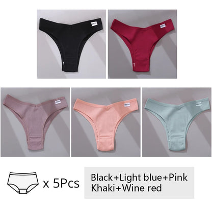 FINETOO 3/5Pcs Cotton Brazilian Panties Women's Panties Sexy V Waist T-Back Underwear Female Soft Underpants Lady Bikini Lingeri