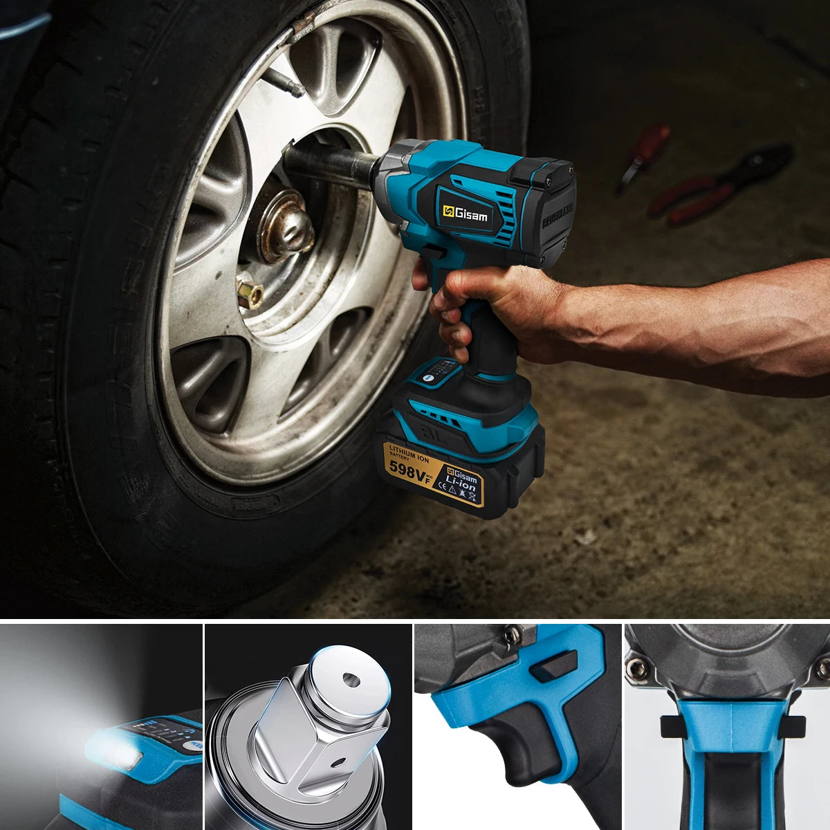 Gisam 1200NM Brushless Electric Impact Wrench Rechargeable Wrench 1/2" Car Tires Cordless Power Tools For Makita 18V Battery Pin