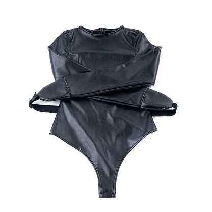 Leather Long Sleeve Bodysuit Straight Jacket with Crotch Strap,SM Game Bondage Armbinder Harness,Slave Role Costume BDSM Sex toy