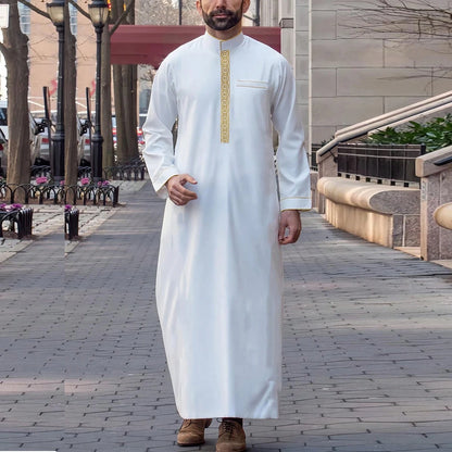Men's Ethnic Pattern Embroidery Zipper Hooded Robe Traditional Long Sleeve Pocket Jubba Thobe for Daily Wear Man Islamic Thobe
