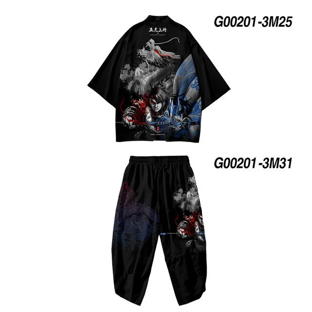 Large Size 5XL 6XL Japanese Kimono Cardigan Pants Set Print Fox Men Women Shirt Tradition Yukata Haori Obi Cosplay Costume