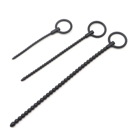 Deep Sensation Self-Discovery: 3-Piece Silicone Beaded Urethral Sound Set with Safety Pull Ring Male Intimate Penis Plug Trainer