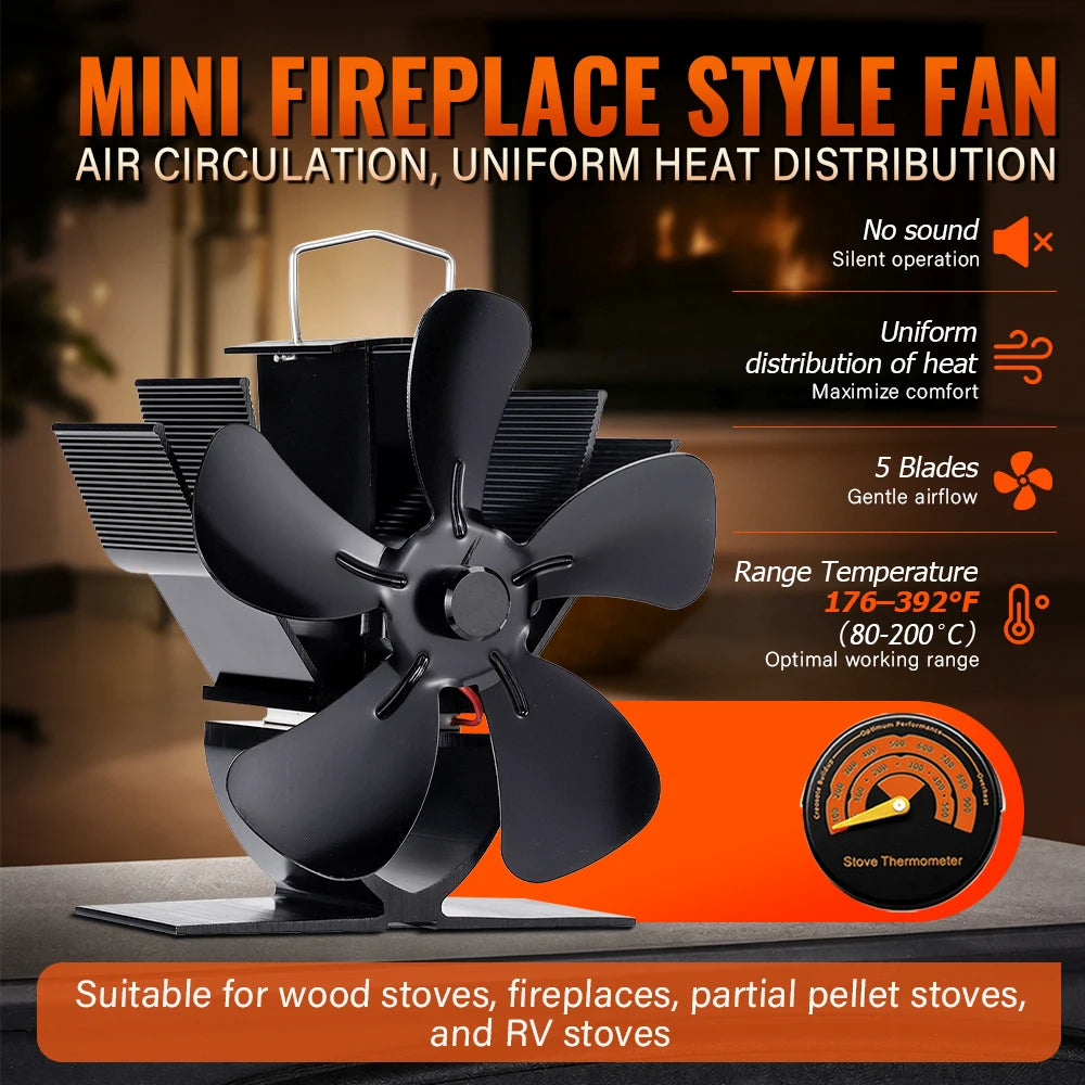 Mini Stove Fan Heat Powered Fireplace Fan Log Wood Burner Eco-fan Quiet 5 Blade Fireplace Fan Home Winter Warm Heat Distribution