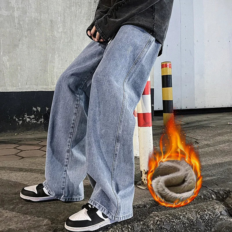 Men's Winter Fleece Loose Jeans Velvet Warm Elastic Waist Wide Leg Y2K Denim Pants Straight Comfortable Brand Men's Clothing