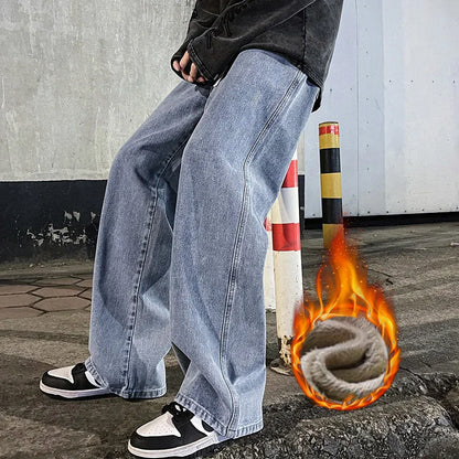 Men's Winter Fleece Loose Jeans Velvet Warm Elastic Waist Wide Leg Y2K Denim Pants Straight Comfortable Brand Men's Clothing