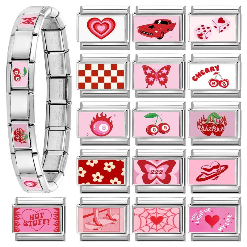 Beautiful Flower Y2K Black Star Dog Heart Pink Italian Charm Link Fit 9mm Stainless Steel Sweet Bracelet Jewelry Making DIY Gift