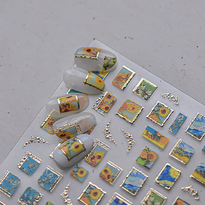 Retro Sunflower Nail Stickers Mixed Style 5D Bronzing Photo Frame Luxury Nail Art Decorations Decals Stickers Press On Nails DIY