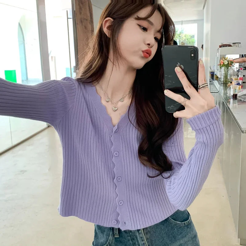 Women Ribbed Crew Neck Cardigan Sweater Pastel Pink Purple Long Sleeve Fitted Crop Knitted Jacket Spring Fall