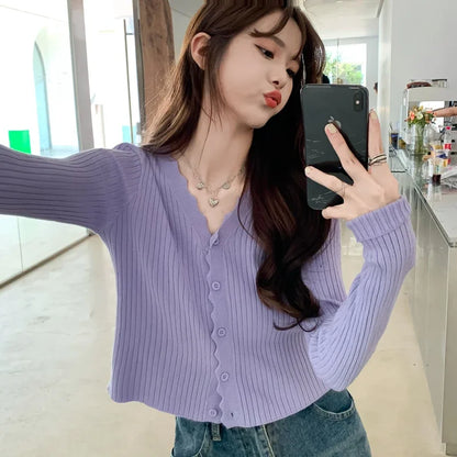 Women Ribbed Crew Neck Cardigan Sweater Pastel Pink Purple Long Sleeve Fitted Crop Knitted Jacket Spring Fall