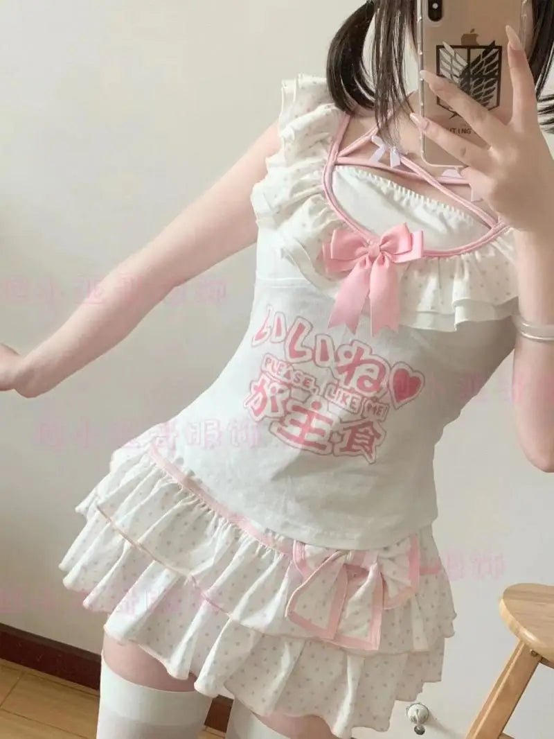 Harajuku Girls Lolita Mini Skirt Y2K Women Japanese Style Bow Pleated Skirts Cute Sweet Dot Ruffles Cake Layered Skirts Gift