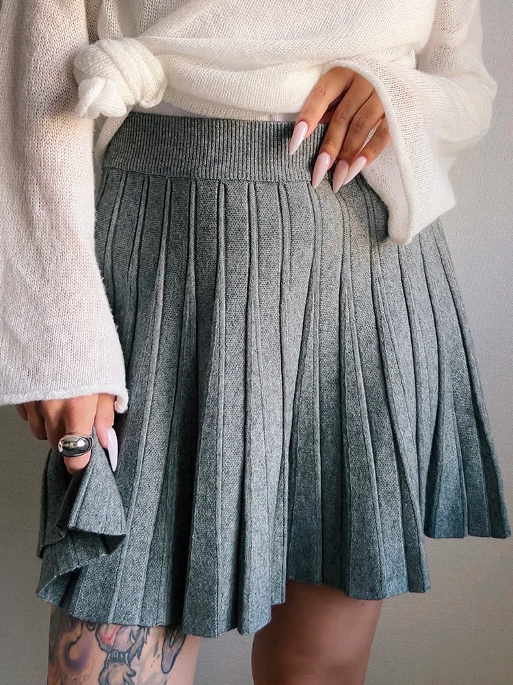 Autumn Knit White Mini Pleated Skirts For Women A Line Skirt Gray High Waist Women Knitted Pleated Short Skirts Korean Fashion