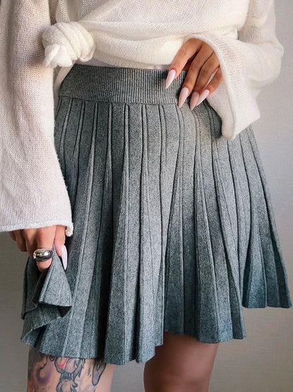 Autumn Knit White Mini Pleated Skirts For Women A Line Skirt Gray High Waist Women Knitted Pleated Short Skirts Korean Fashion